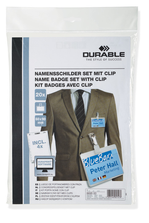 Durable 8695 19 Identyfikatory 60x90mm op. 20 szt. przezroczyste z klipem metalowym