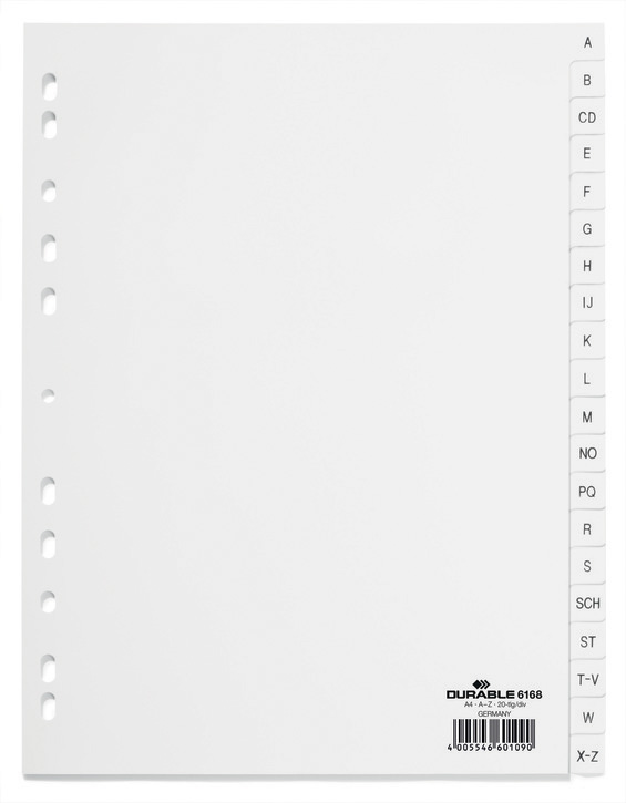 Durable 6168 02 Przekładki z tworzywa PP A4 nadruk A-Z kolor biały