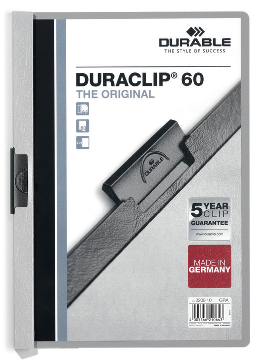 Durable 2209 10  Skoroszyt zaciskowy DURACLIP do 60 kartek kolor szary 