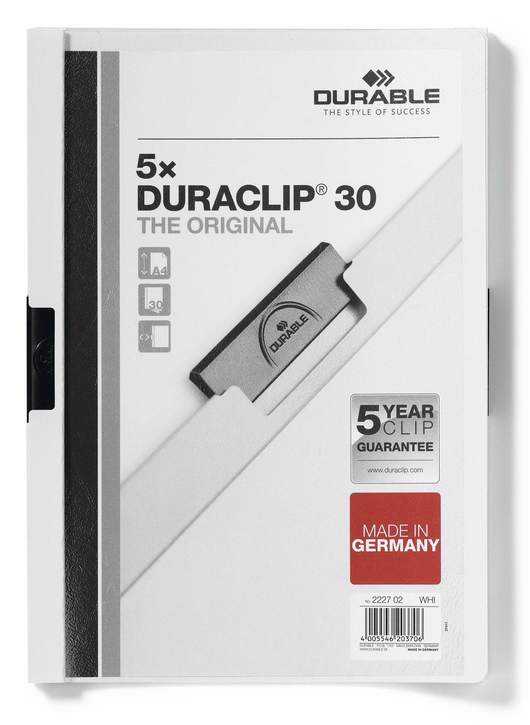 Durable 2227 02 Skoroszyt zaciskowy DURACLIP do 30 kartek biały 5 szt.