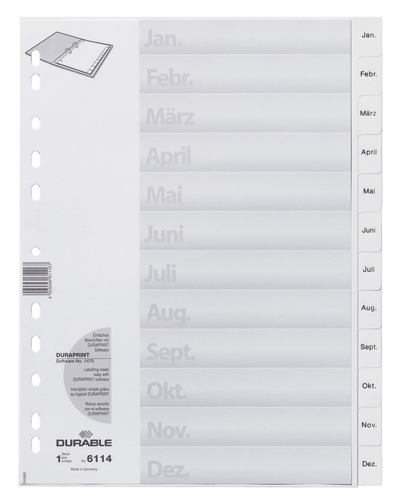 Durable 6114 02 Przekładki PP A4 nadruk JAN-DEZ białe w j. niemieckim