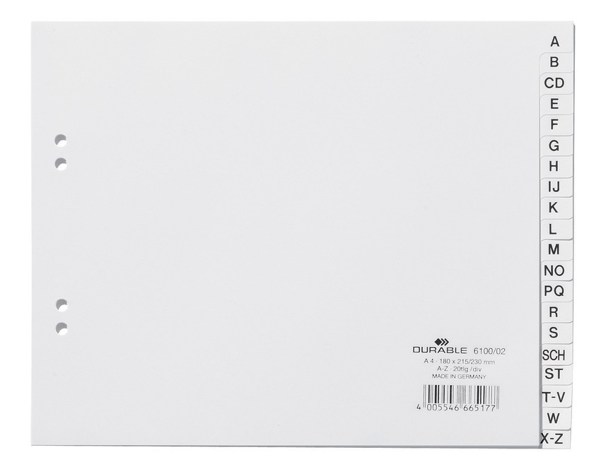 Durable 6100 02 Przekładki PP A4 nadruk A-Z białe A4 poziome w j. niemieckim