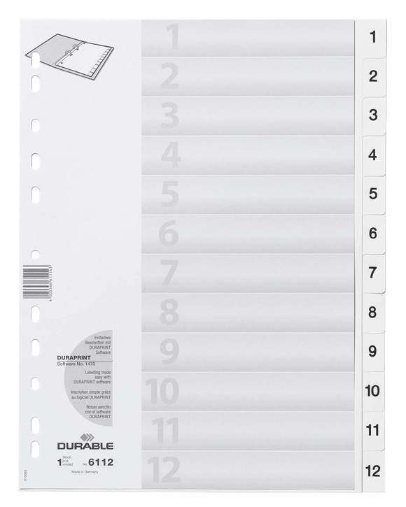 Durable 6112 02 Przekładki z tworzywa z nadrukiem indeksy 1-12 tłoczone białe