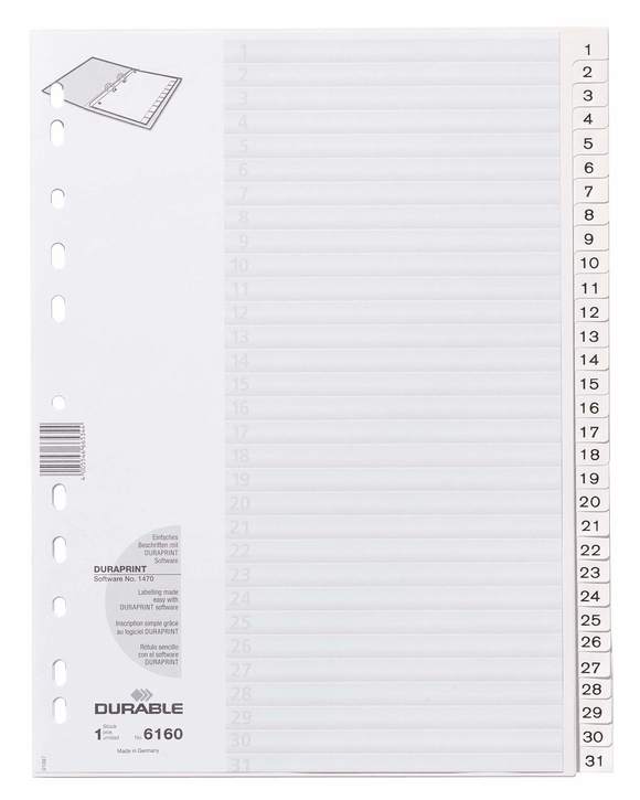 Durable 6160 02 Przekładki z tworzywa z nadrukiem indeksy 1-31 tłoczone białe
