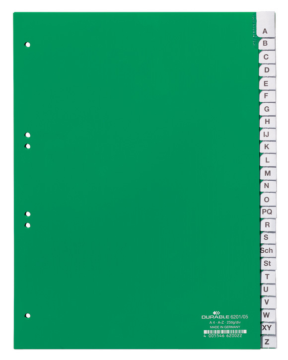 Durable 6201 05 Przekładki z tworzywa, indeksy z nadrukiem A-Z zielone