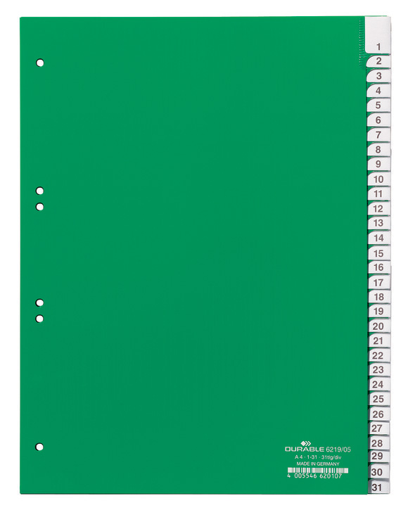 Durable 6219 05 Przekładki z tworzywa indeksy z nadrukiem 1-31 zielone