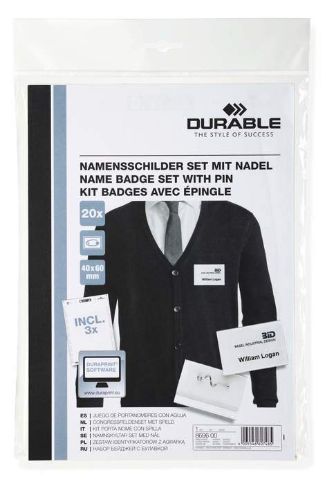 Durable 8696 19 Zestaw identyfikatorów 40 x 60 mm z agrafką przezroczysty 20 szt.