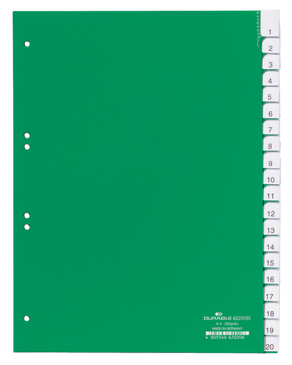 Durable 6223 05 Przekładki PP A4 zielone z wsuwanymi indeksami 20 szt.