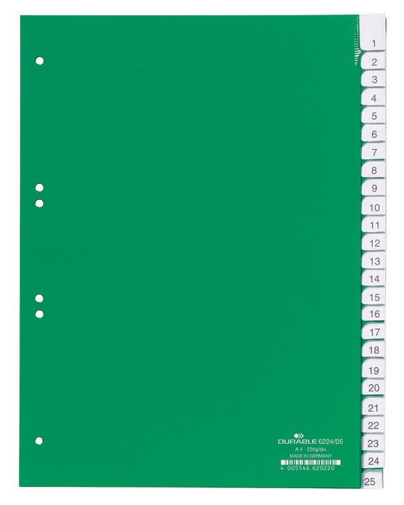 Durable 6224 05 Przekładki PP A4 zielone z wsuwanymi indeksami 25 szt.
