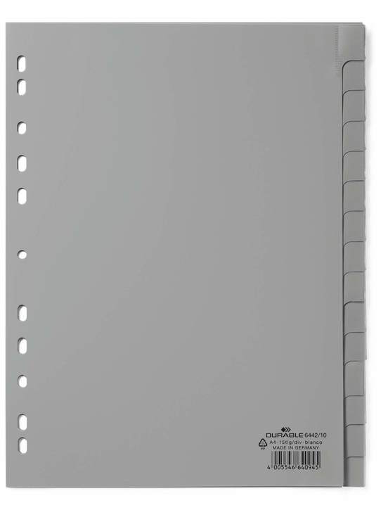 Durable 6442 10 Przekładki PP A4 szare z wymiennymi indeksami 15 szt.