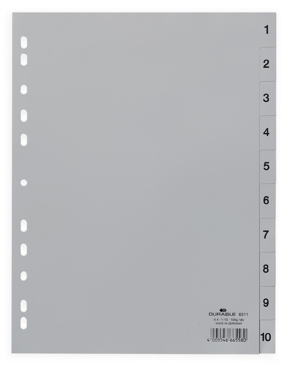 Durable 6511 10 Przekładki z tworzywa z nadrukiem indeksy 1-10 tłoczone szare