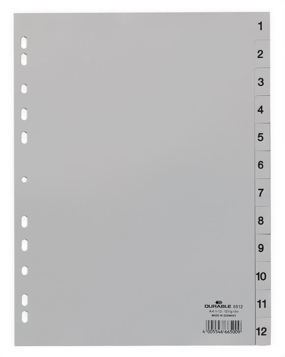 Durable 6512 10 Przekładki z tworzywa z nadrukiem indeksy 1-12 tłoczone szare