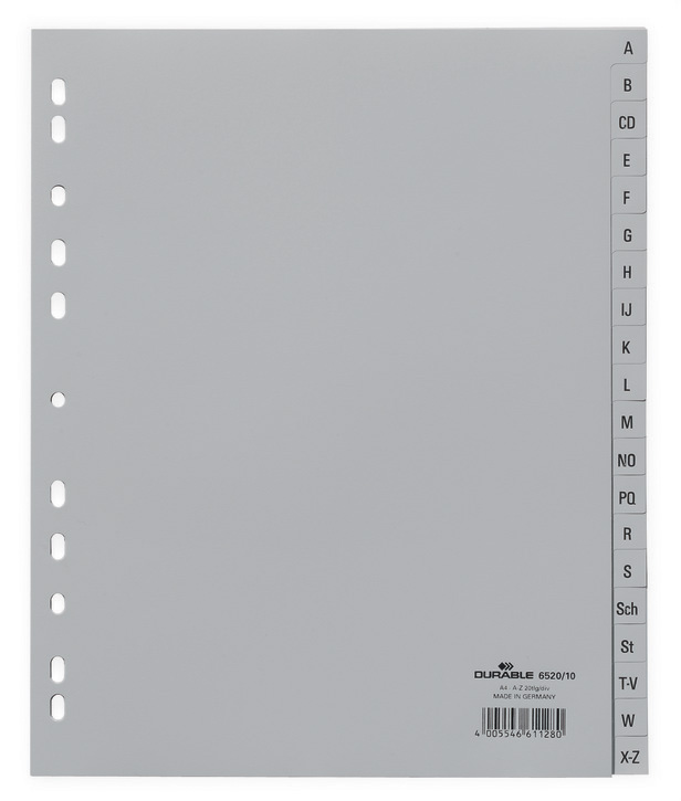 Durable 6520 10 Przekładki z tworzywa alfabetyczne indeksy A-Z tłoczone szare A4 XL