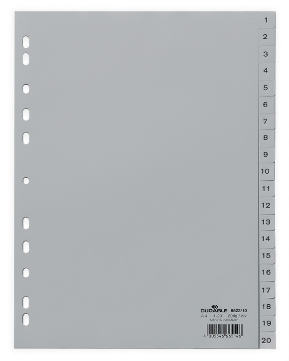 Durable 6522 10 Przekładki z tworzywa z nadrukiem indeksy 1-20 tłoczone szare