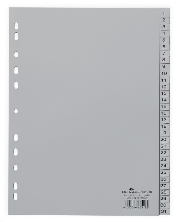 Durable 6523 10 Przekładki z tworzywa z nadrukiem indeksy 1-31 tłoczone szare
