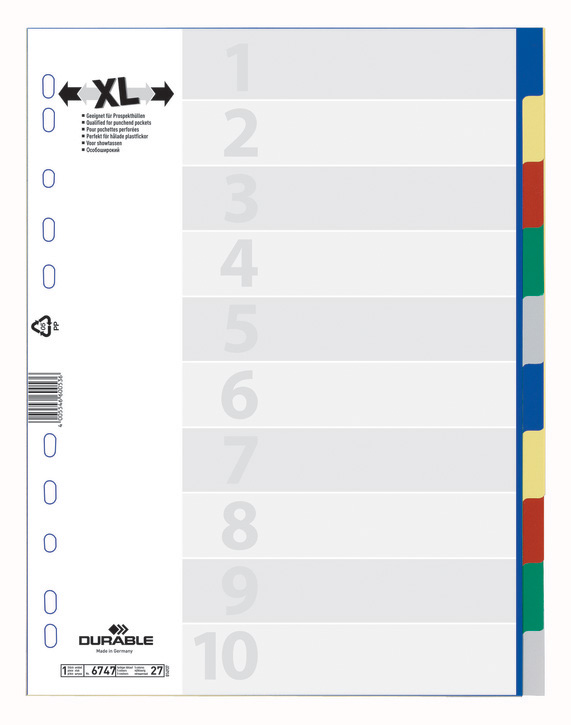 Durable 6747 27 Przekładki PP A4+ XL kolorowe bez nadruku 10 szt.