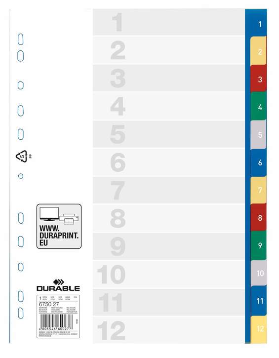 Durable 6750 27 Przekładki z tworzywa indeksy 1-12 tłoczone wielokolorowe