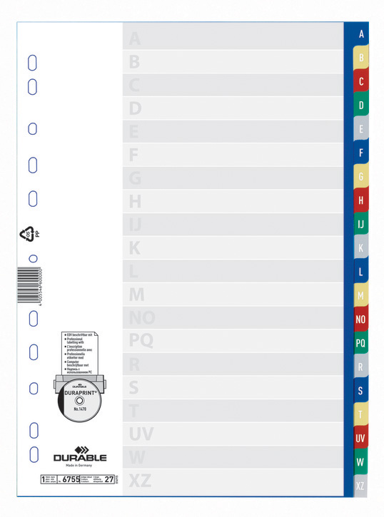 Durable 6755 27 Przekładki z tworzywa alfabetyczne indeksy A-Z tłoczone mix kol.