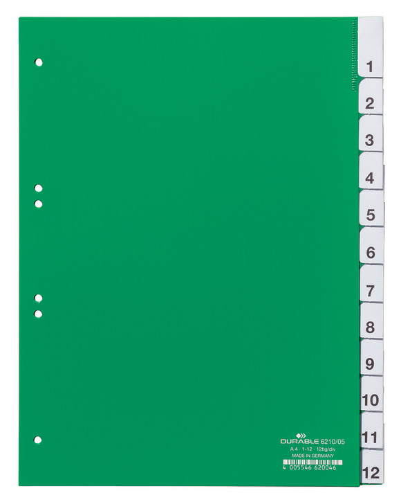 Durable 6210 05 Przekładki z tworzywa indeksy z nadrukiem 1-12 zielone