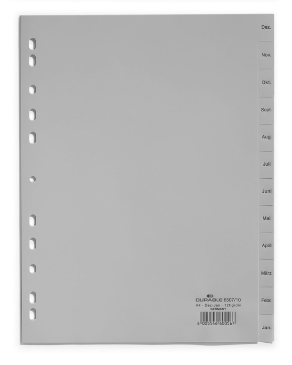 Durable 6507 10 Przekładki PP A4 nadruk JAN-DEZ szare w j. niemieckim