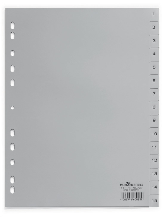 Durable 6524 10 Przekładki z tworzywa z nadrukiem indeksy 1-15 tłoczone szare