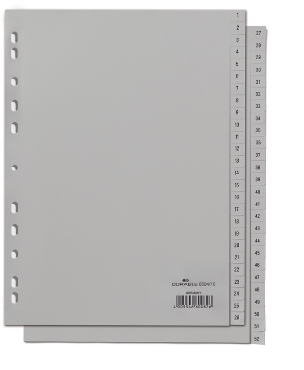 Durable 6504 10 Przekładki z tworzywa z nadrukiem indeksy 1-52 tłoczone szare