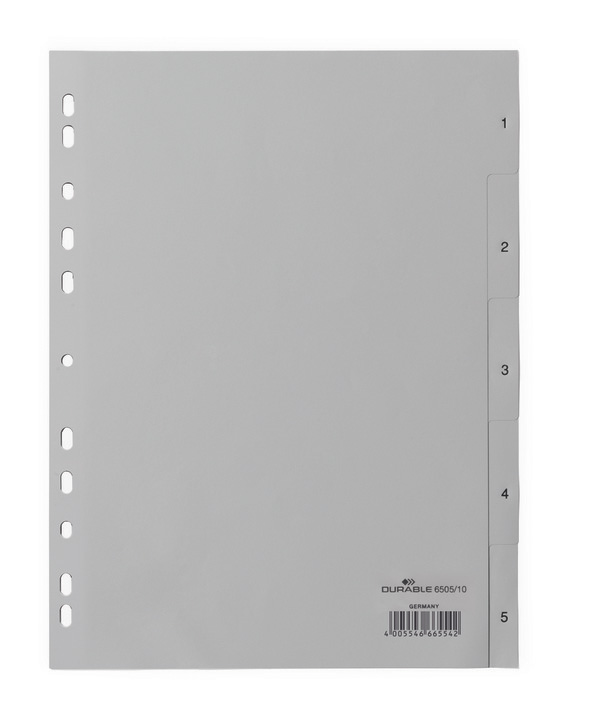 Durable 6505 10 Przekładki z tworzywa z nadrukiem indeksy 1-5 tłoczone szare