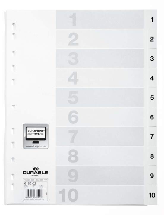 Durable 6162 02 Przekładki z tworzywa z nadrukiem indeksy 1-10 tłoczone białe