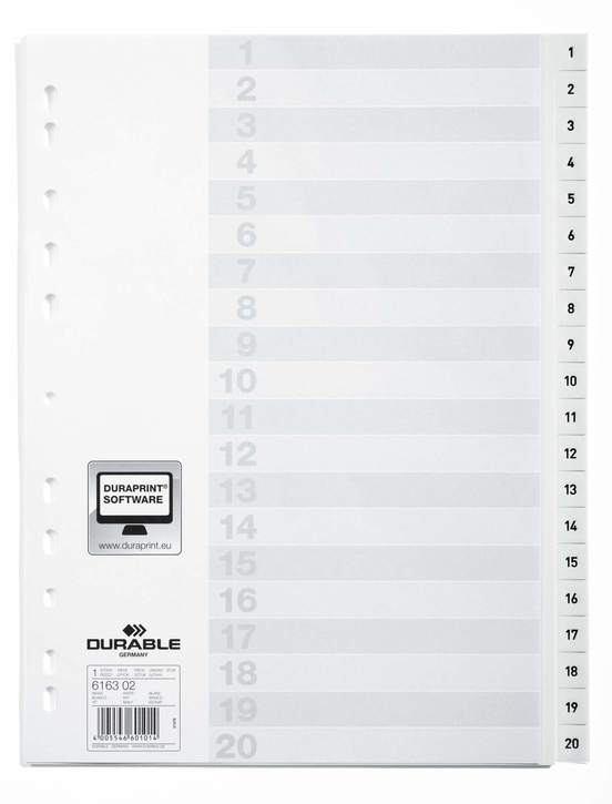 Durable 6163 02 Przekładki z tworzywa z nadrukiem indeksy 1-20 tłoczone białe