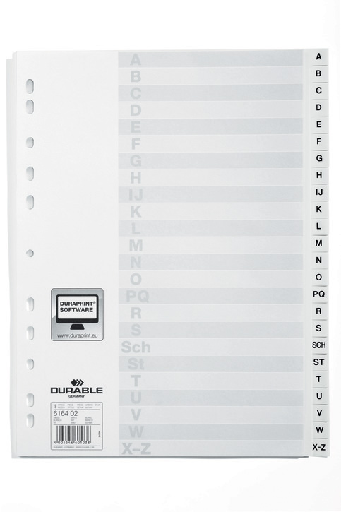 Durable 6164 02 Przekładki z tworzywa alfabetyczne indeksy A-Z tłoczone białe A4