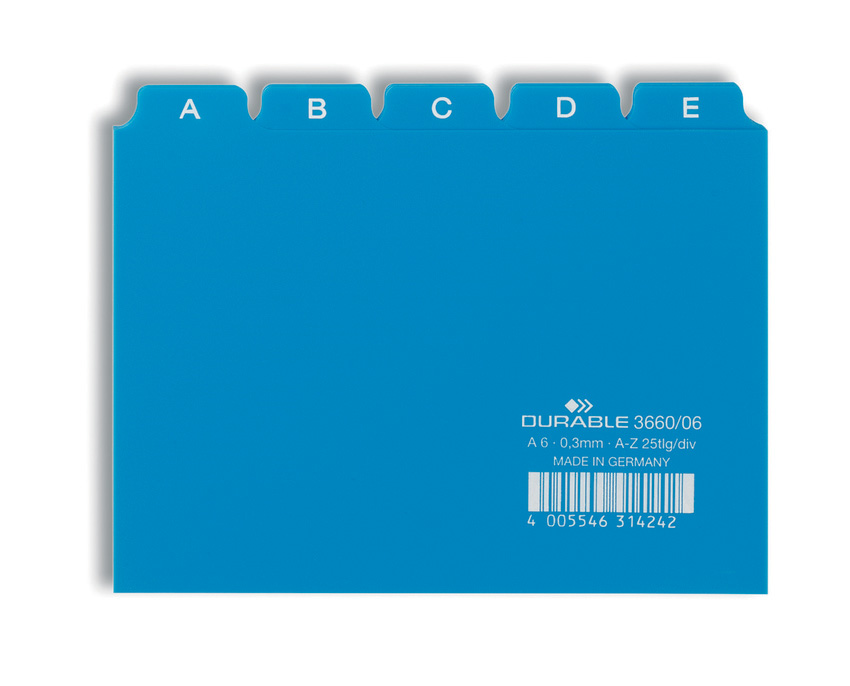 Durable 3660 06 Przekładki A6 25 szt. 5/5 do kartoteki kolor niebieski